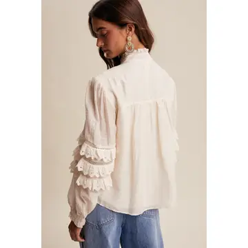 Lace Ruffle Sleeve Pintuck Blous - CREAM