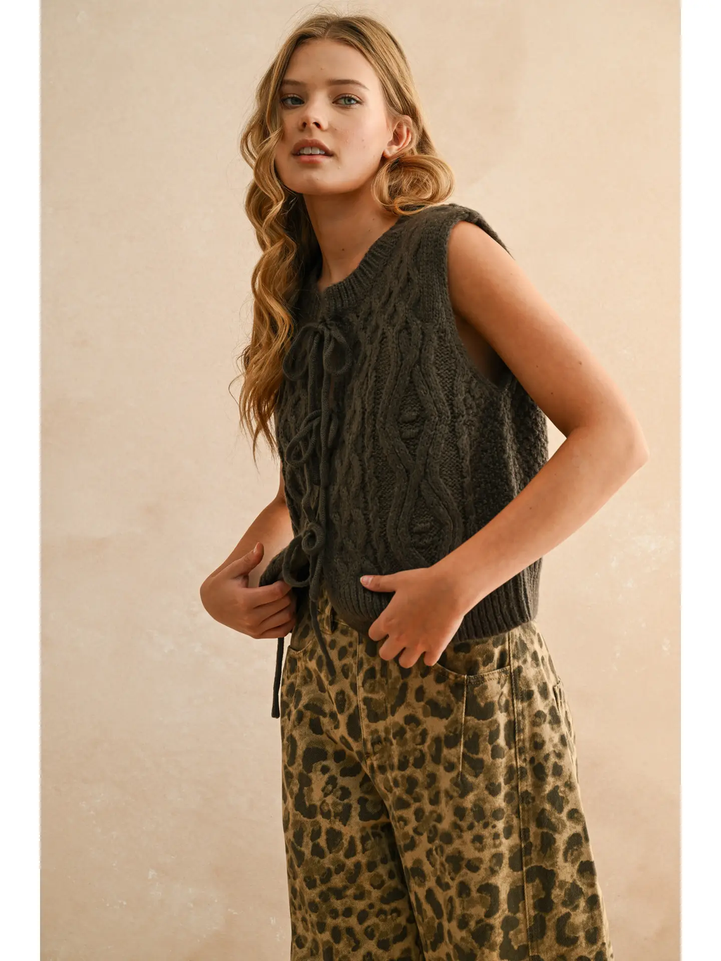 Tie Front Cable Knitted Vest - Olive