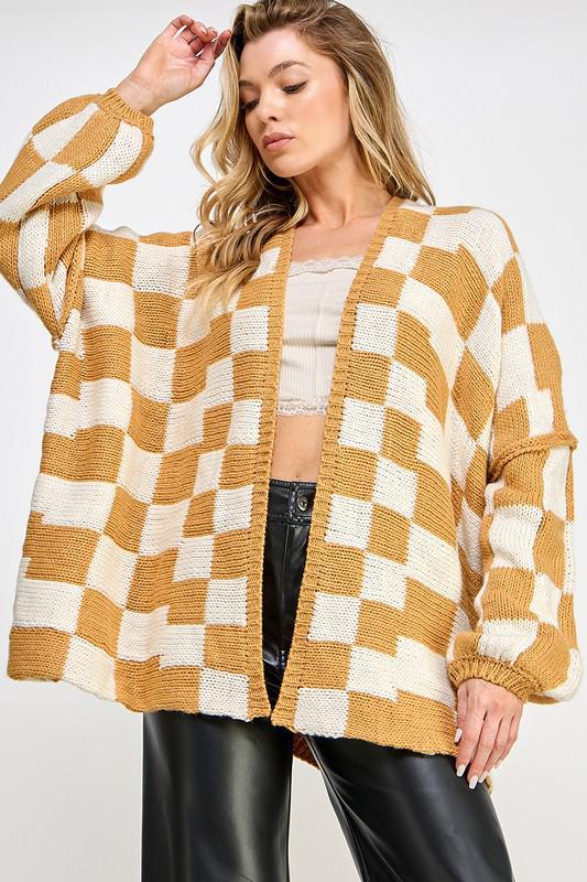 Check Dropped Shoulders Cardigan - White & Taupe