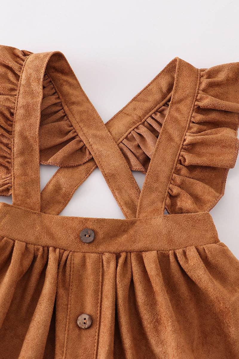 GIRLS KHAKI RUFFLE SUSPENDER DRESS