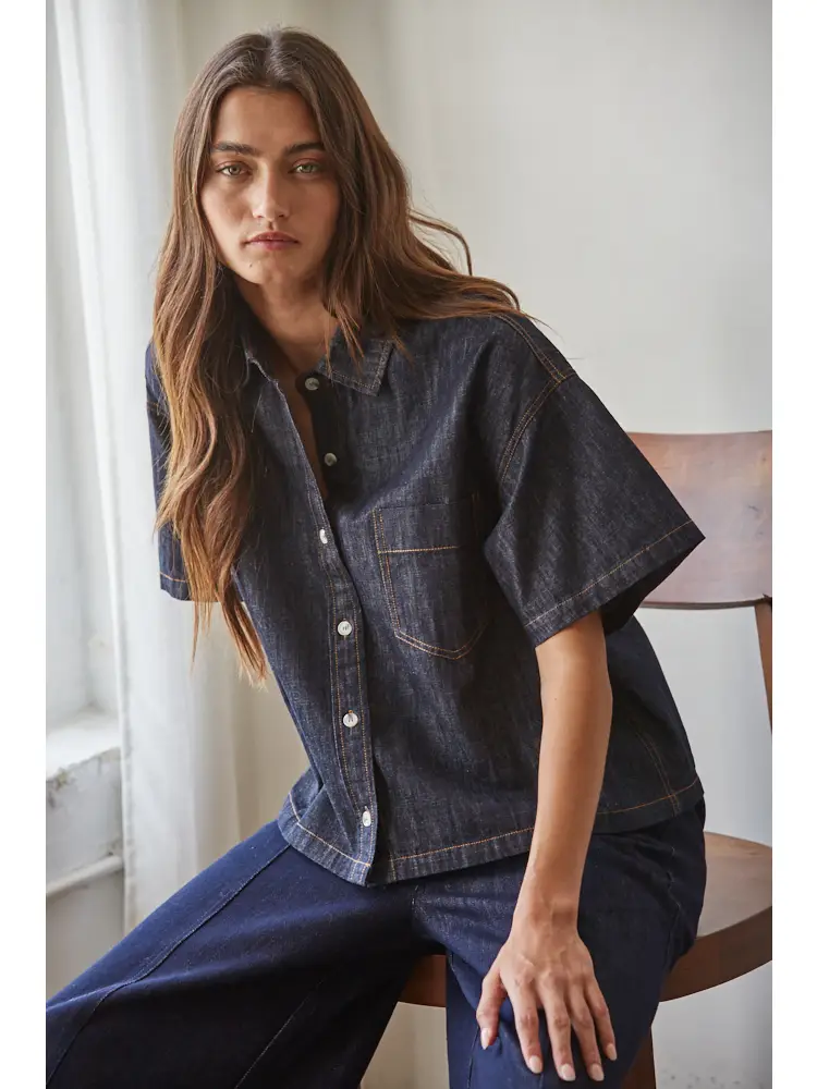 Denim Cotton Collar Button Down Short Sleeve Top