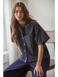 Denim Cotton Collar Button Down Short Sleeve Top