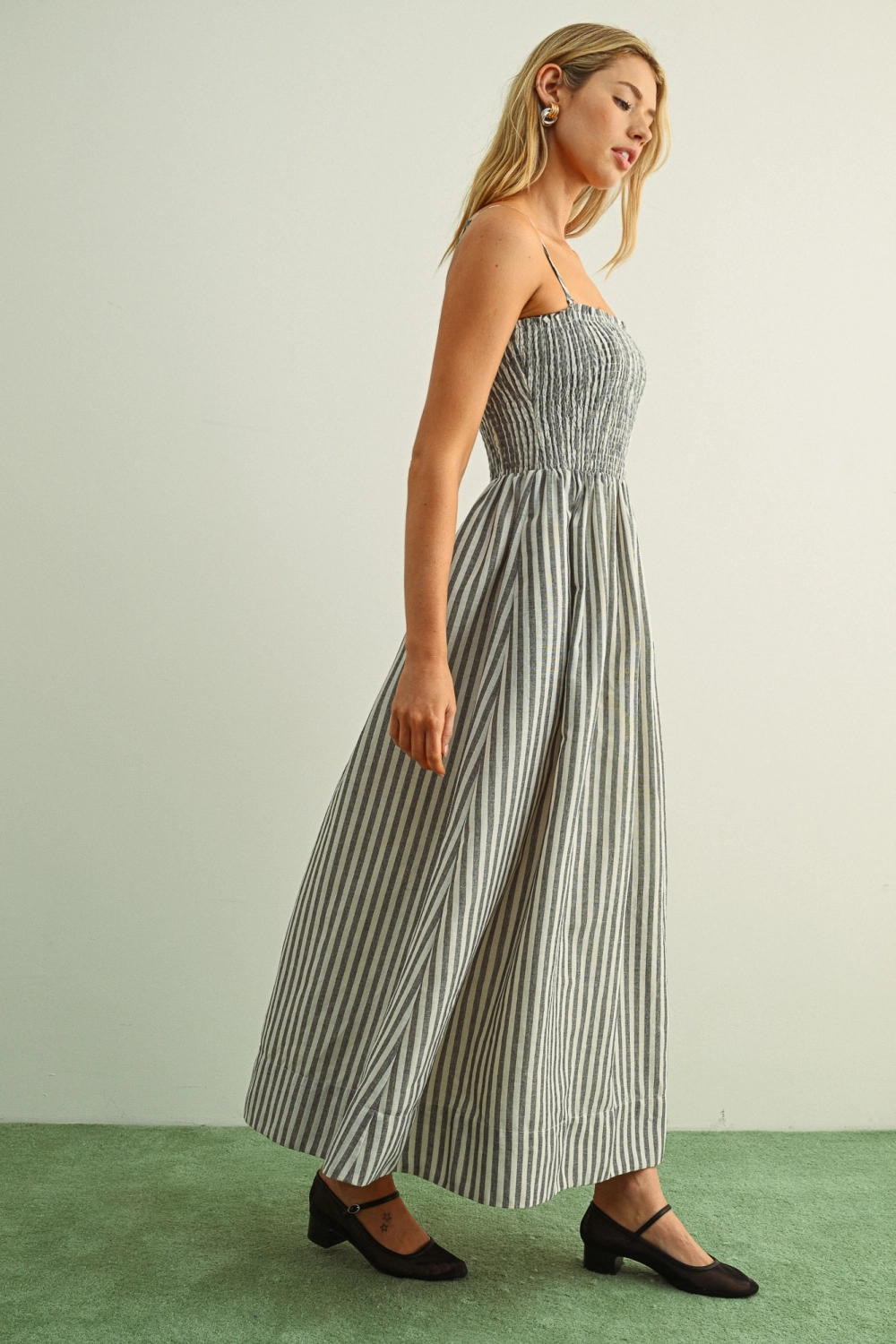 Striped Fabric with Smocking Top Maxi Dress