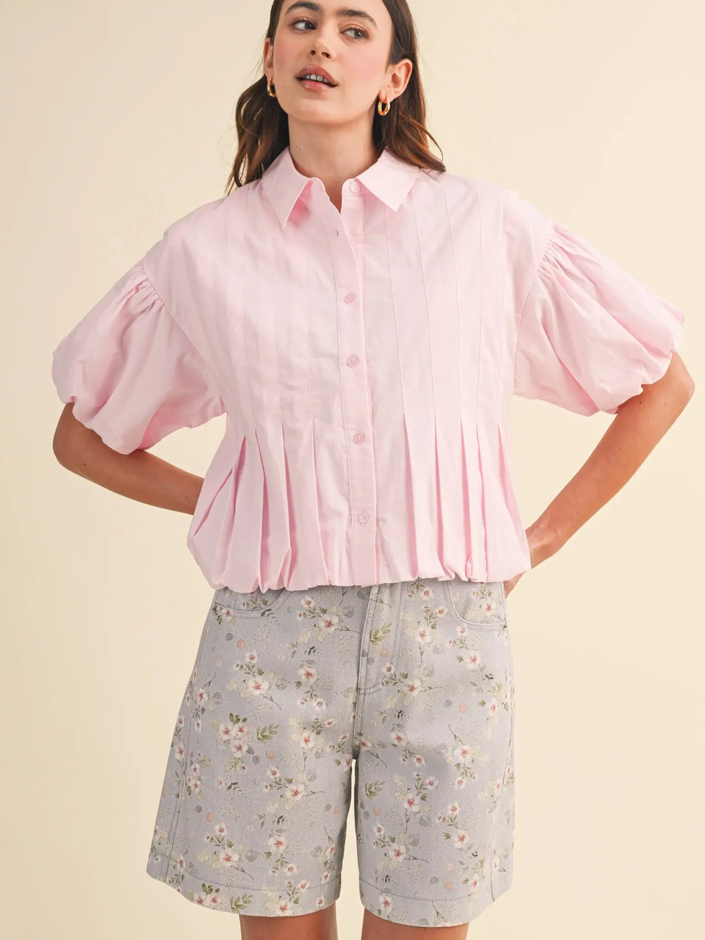 Pleated Bubble Hem Button Down Top - PINK