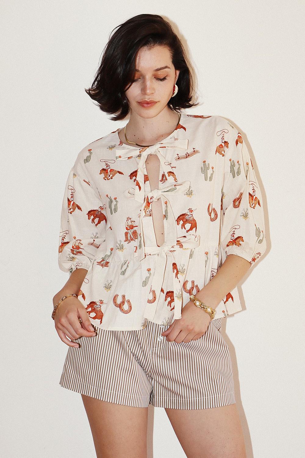 WESTERN PRINT FRONT TIE PEPLUM TOP - Cream