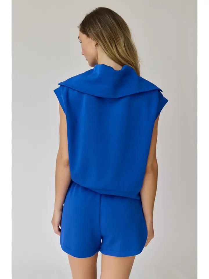 Half Zip Cropped Sweatshirt and Shorts Set - Cobalt Blue