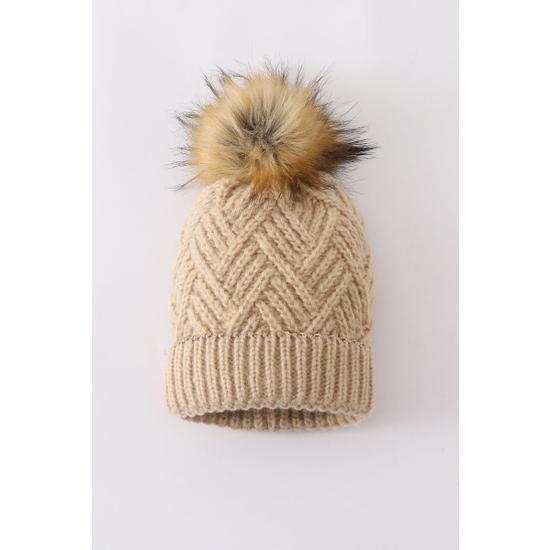 ALMOND CROSS CABLE KNIT POM POM BEANIE