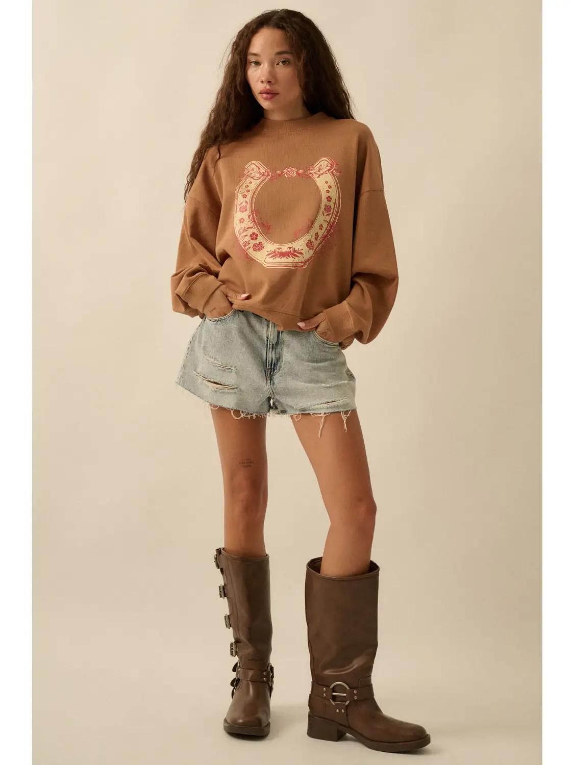 Floral Horseshoe Oversize Thermal Graphic Top