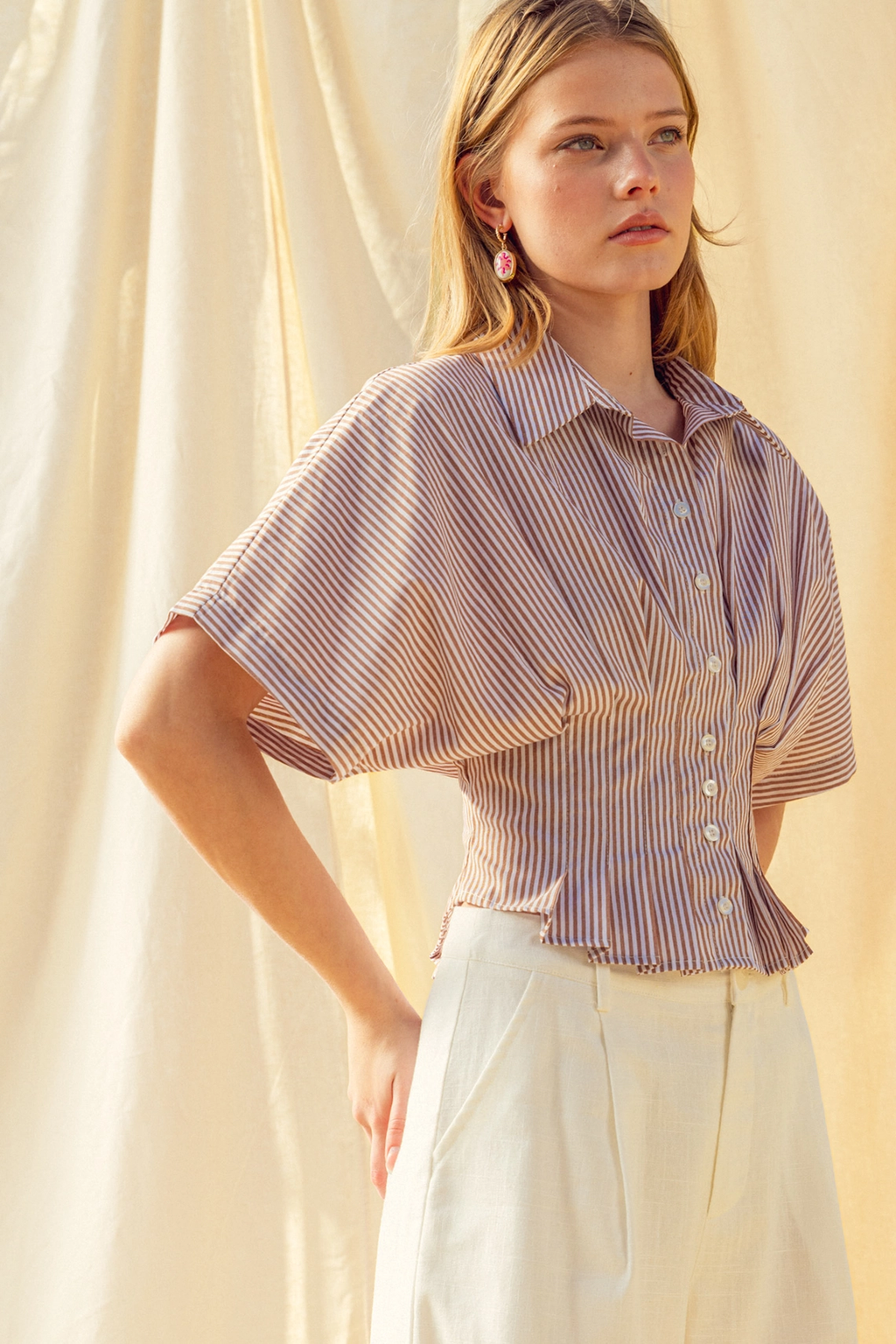 Stripe Button Front Shirts with Pleated Waist Detail