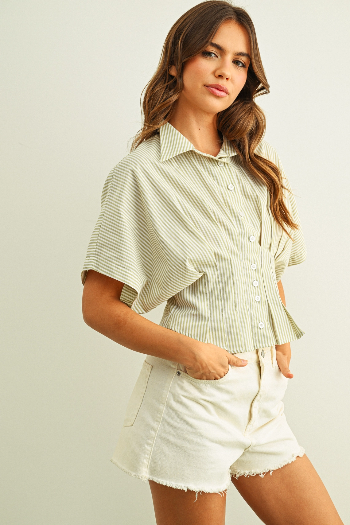 Stripe Button Front Shirts with Pleated Waist Detail - Green