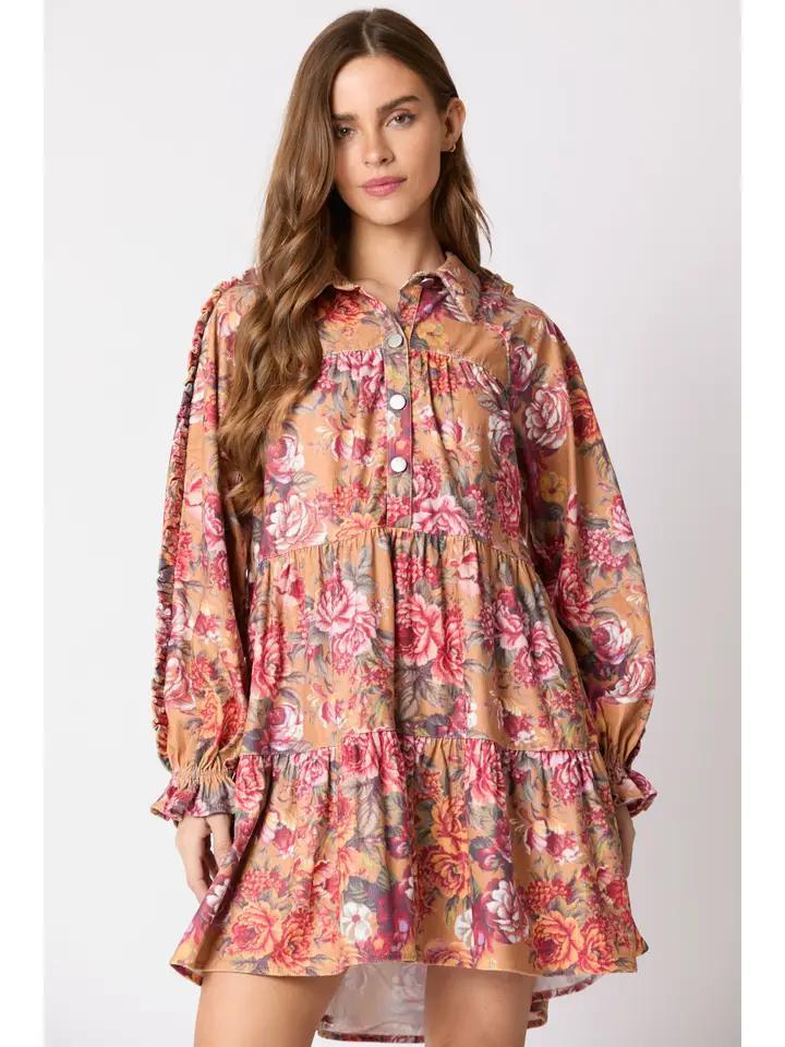 Vintage Floral Printed Corduroy Shirt Dress - Mustard