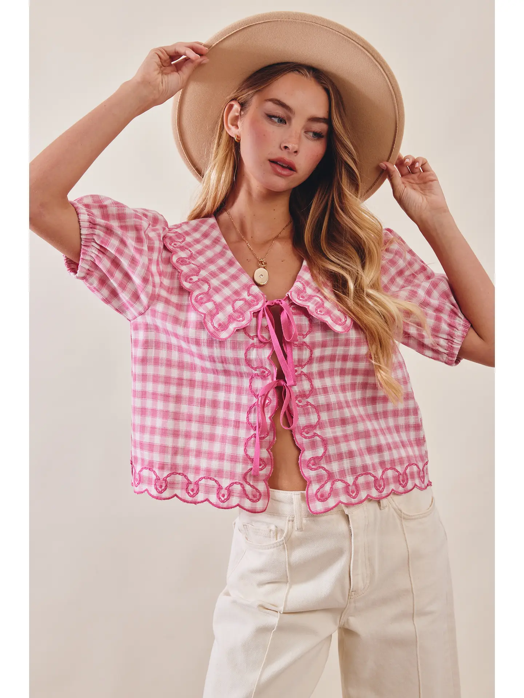 Gingham Embroidered Tie-Front Blouse - PUNCH