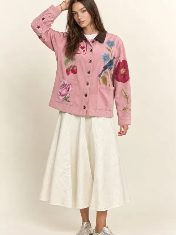 Folk Illustrated Graphic Corduroy Collar Utility Jacket