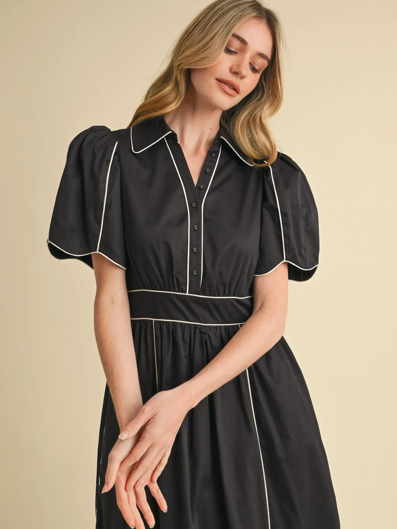 Collared Shirt Dress with Scalloped Edges - BLACK