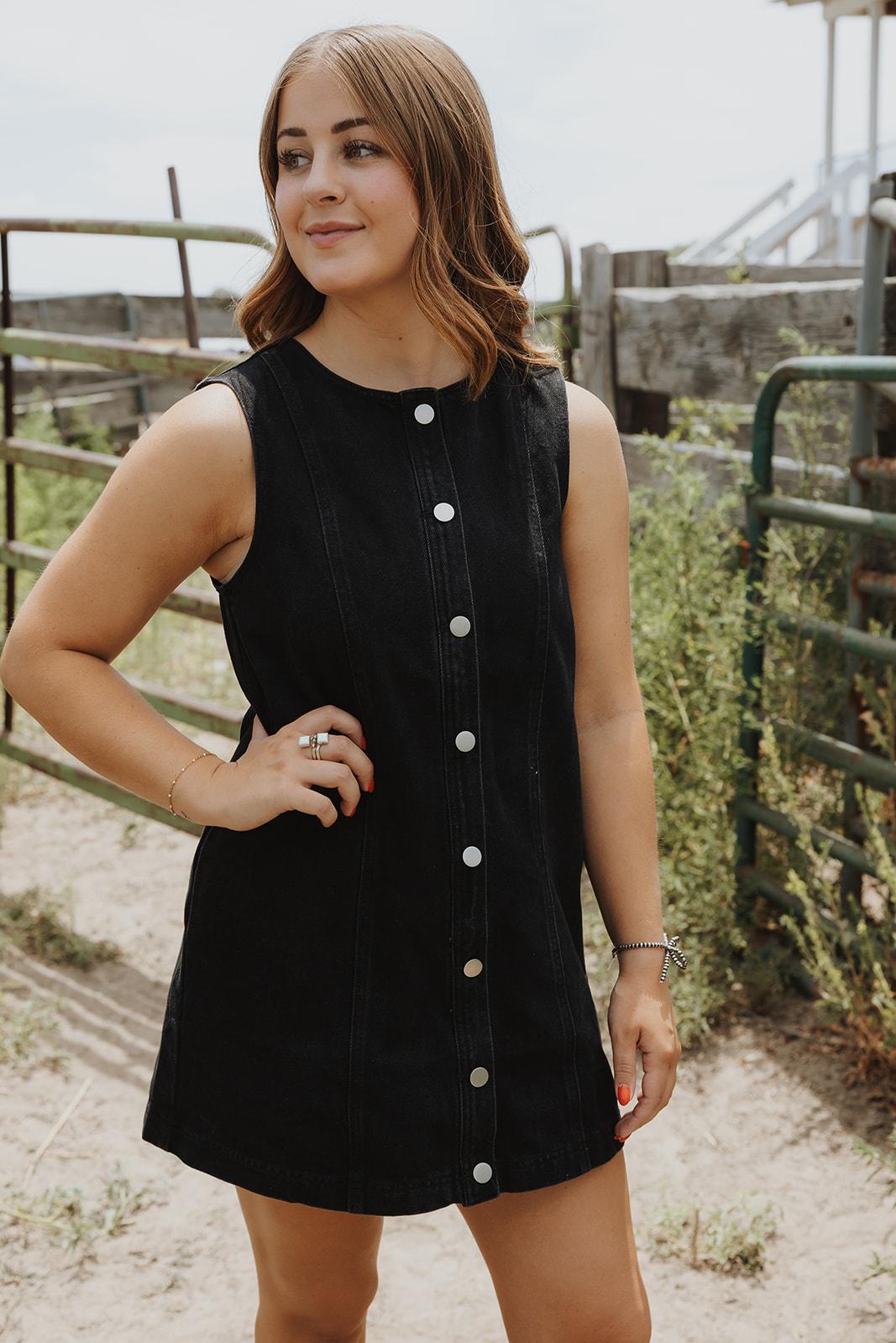 Sleeveless Round Neck Button Down Denim Mini Dress