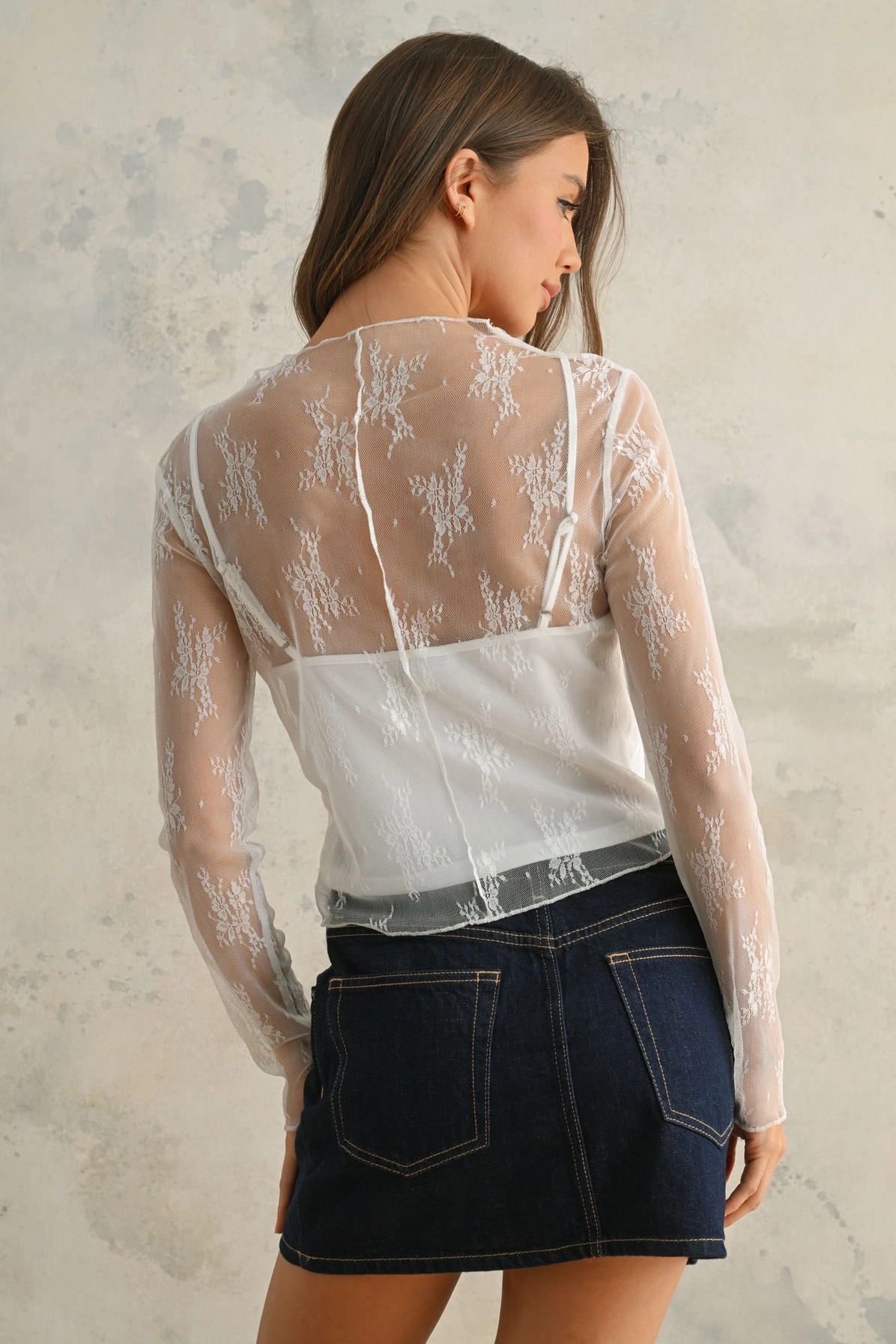 Long Sleeve Lace Fabric with Lining Insert Top - White