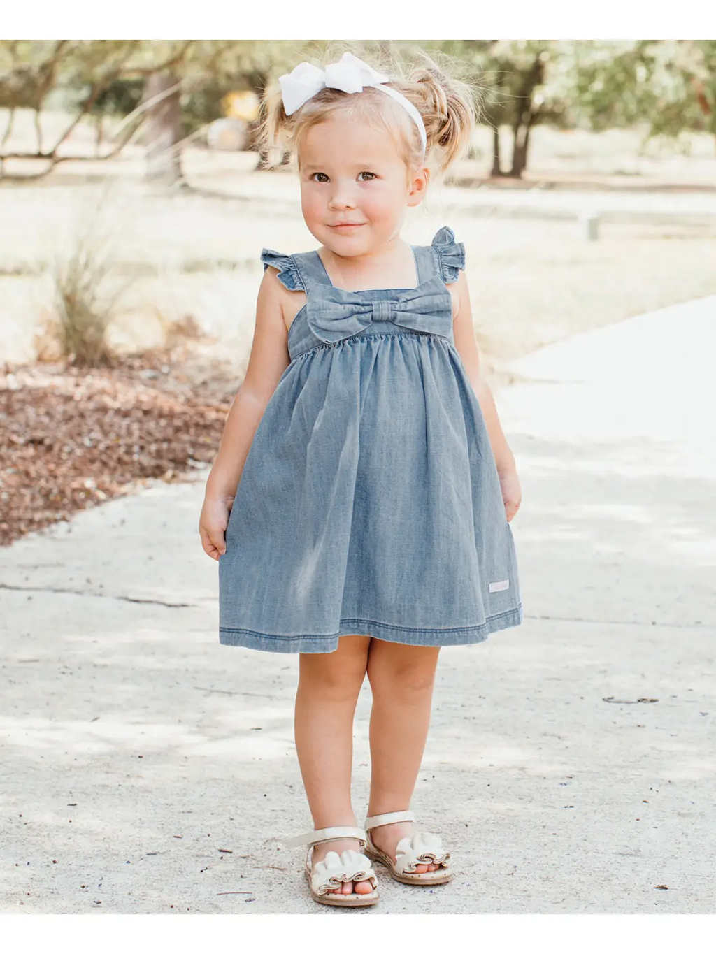 Girls Light Wash Denim Flutter Bow Woven Dress