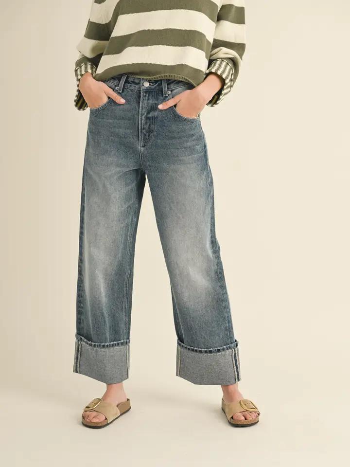 Straight Leg Cuffed Hem Denim Pants