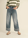 Straight Leg Cuffed Hem Denim Pants