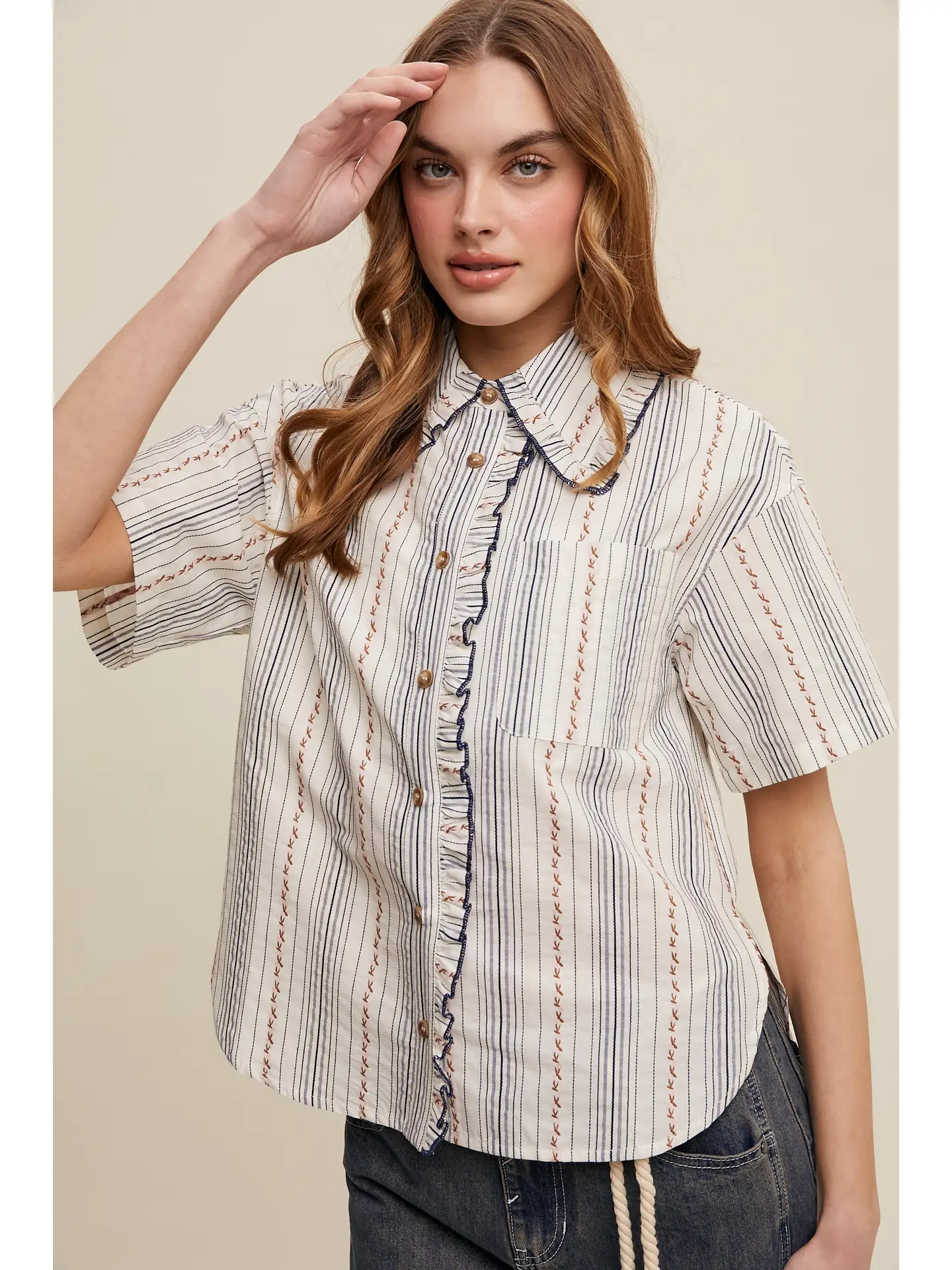 Striped Embroidered Button-Down Blouse