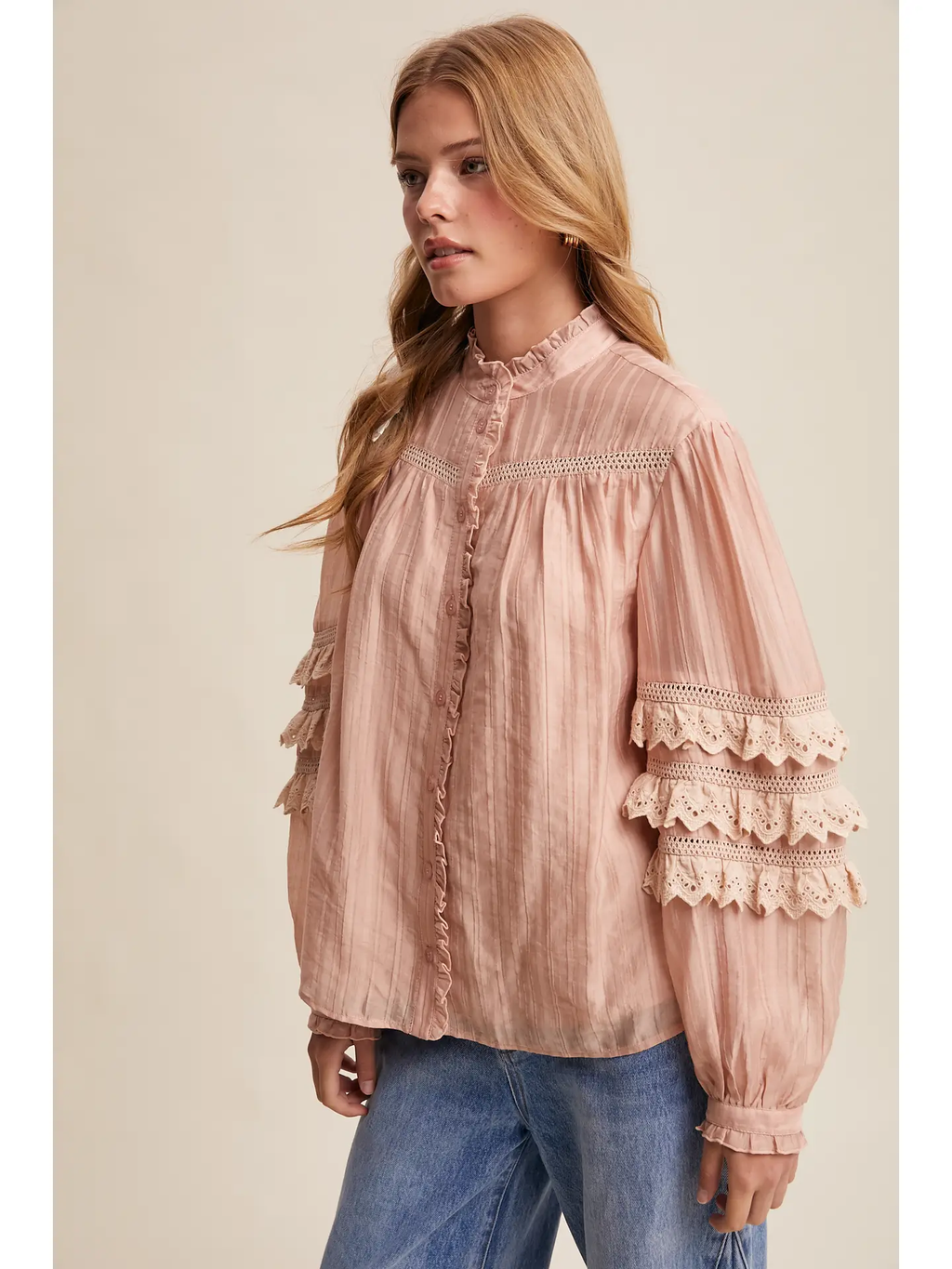 Lace Ruffle Sleeve Pintuck Blouse - BLUSH