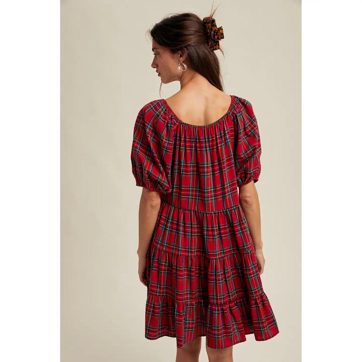 Holly Gingham Puff Sleeve Dress / Red & Green
