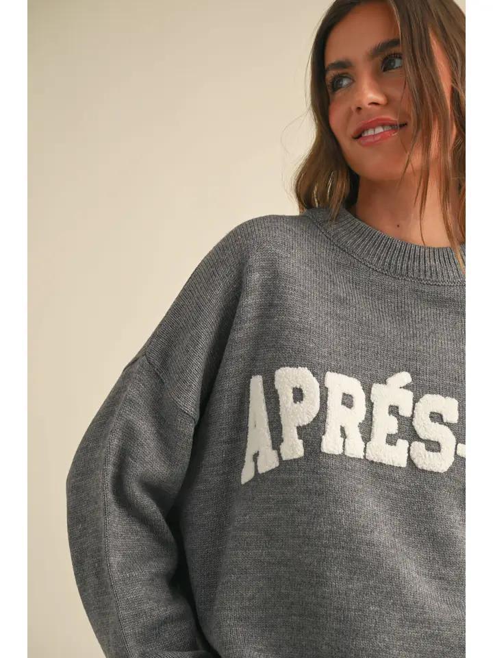 Apres Ski Letter Front Sweater Top - Grey