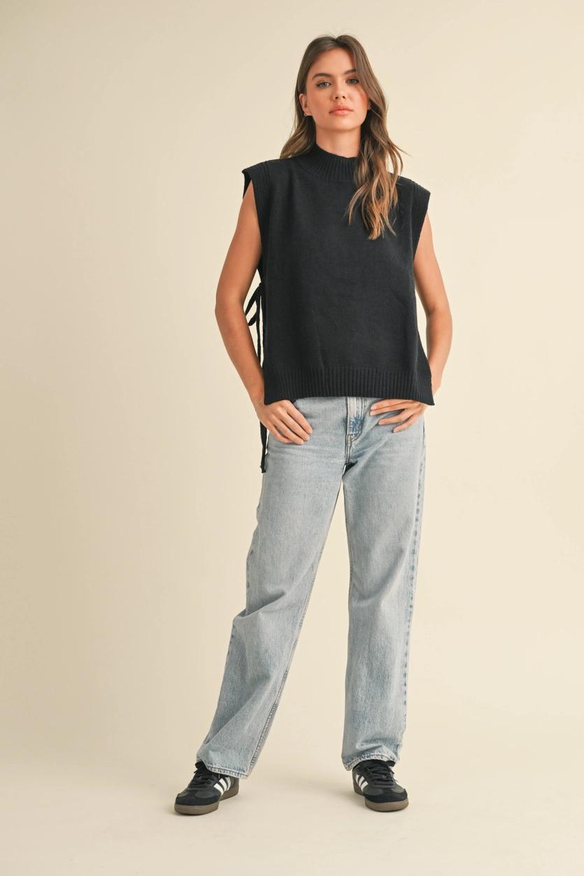 Mock Neck Tied On the Side Sweater Vest - Black