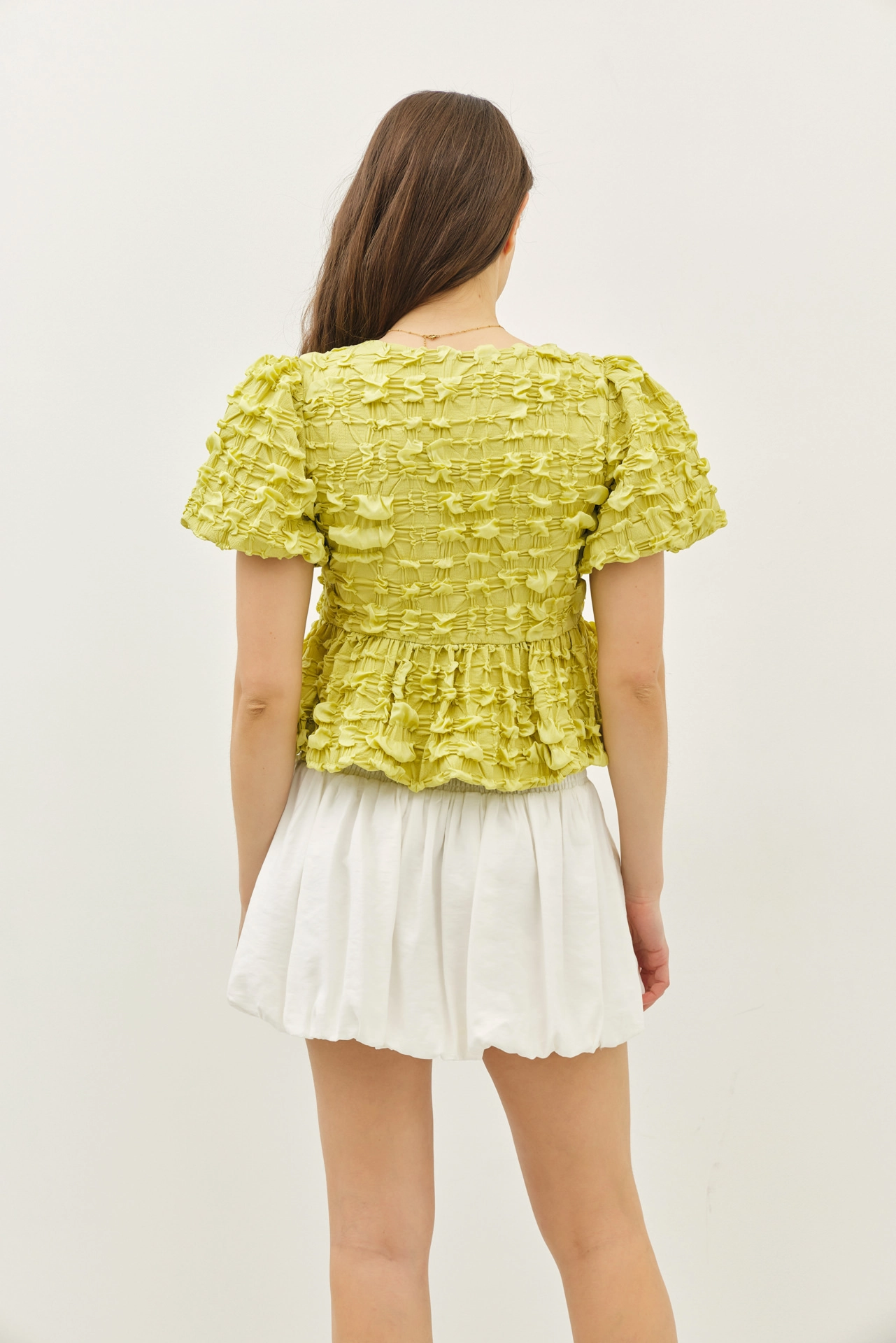Pistachio - Bubble Babydoll Blouse with Textured Fabric and Contrast Bow