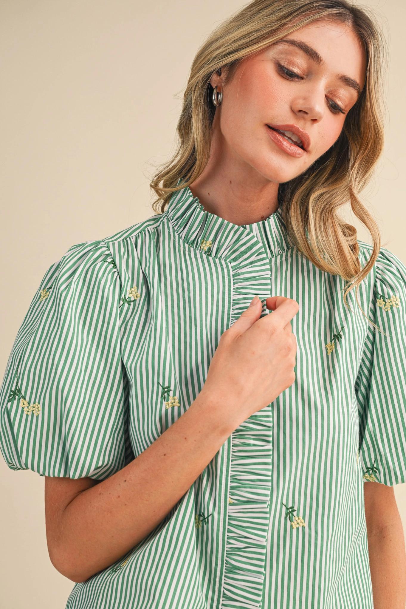 Floral Embroidery Striped Ruffled Button Down Top - Green Stripe