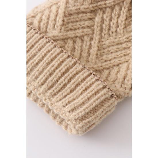 ALMOND CROSS CABLE KNIT POM POM BEANIE