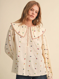 Embroidered Floral Oversized Collar Button Down Top