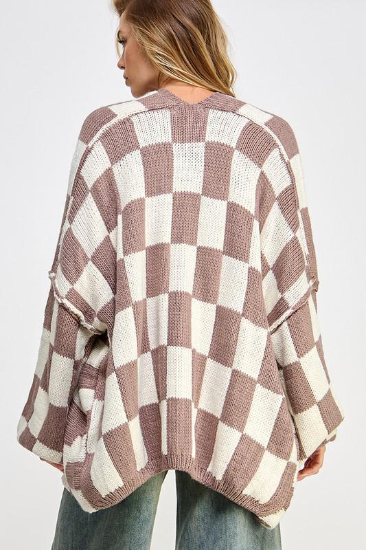 Check Dropped Shoulders Cardigan - White & Mink