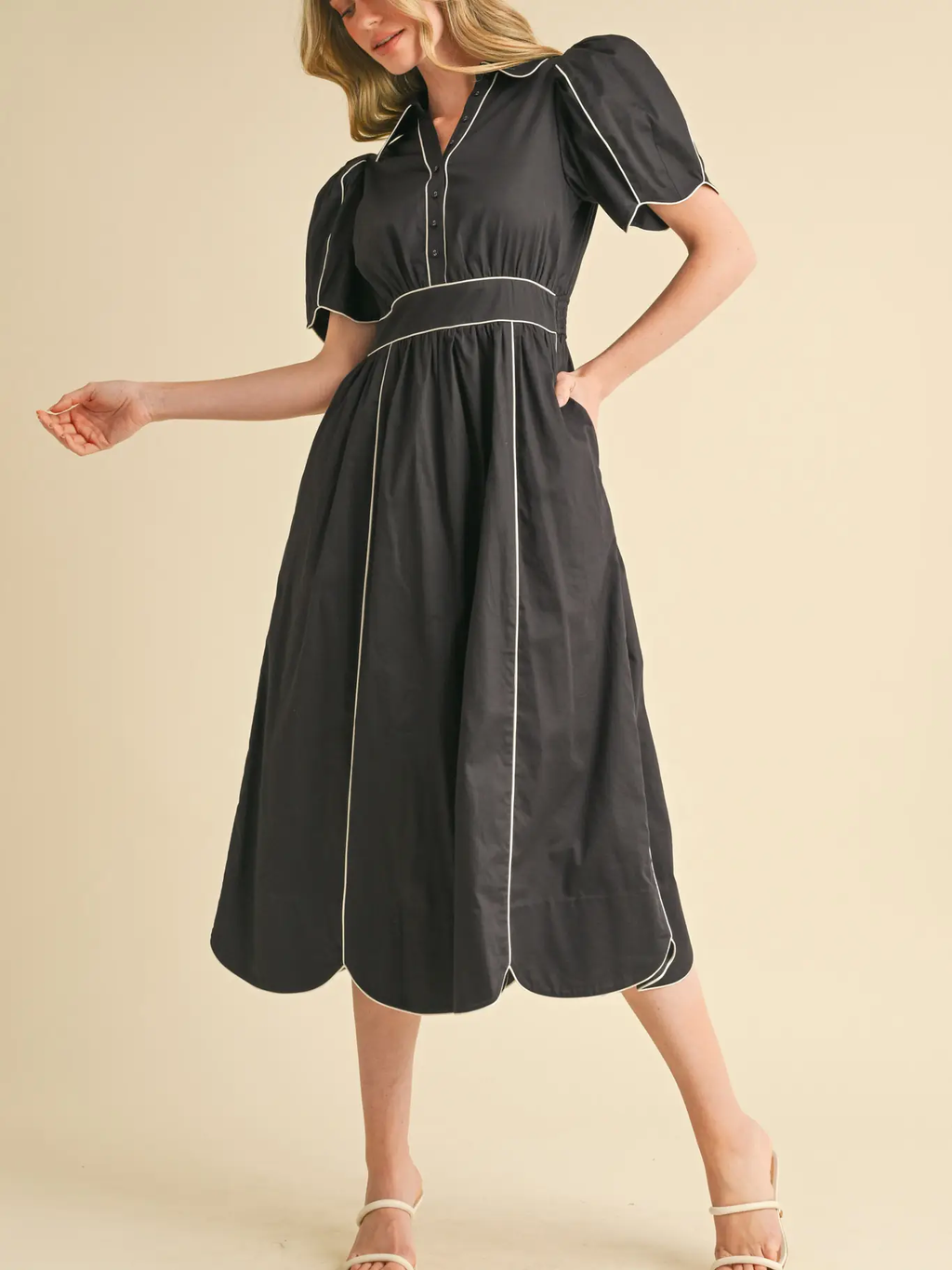 Collared Shirt Dress with Scalloped Edges - BLACK