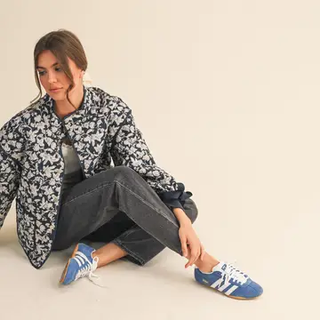 Floral Quilted Jacket with Ribbon Detail MJK3622 - navy floral