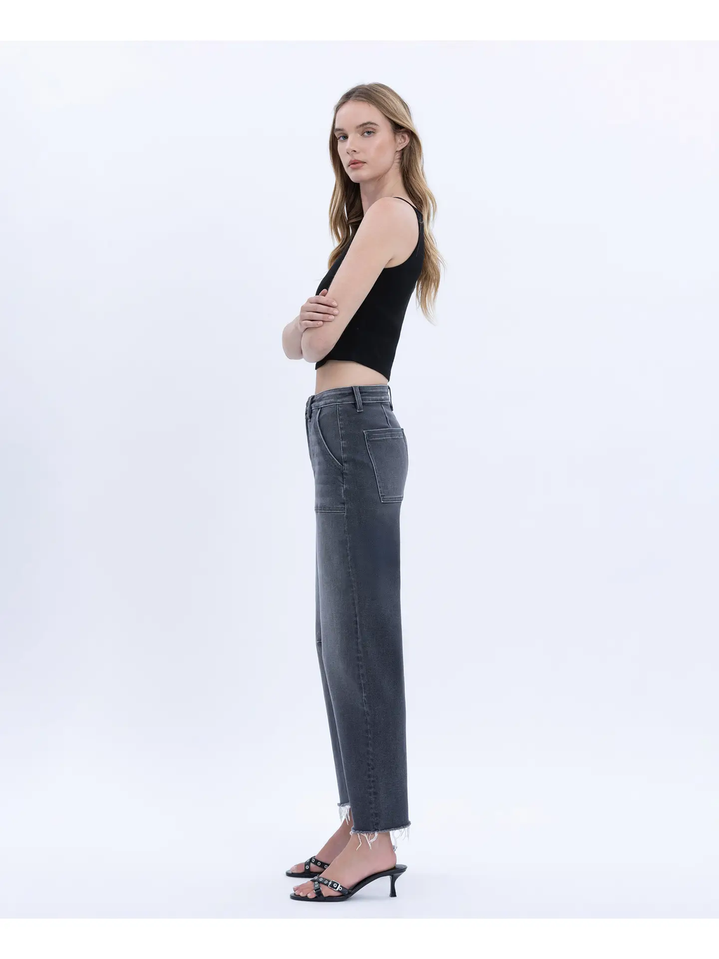 High Rise Raw Hem Crop Utility Barrel Jeans - Beachwood