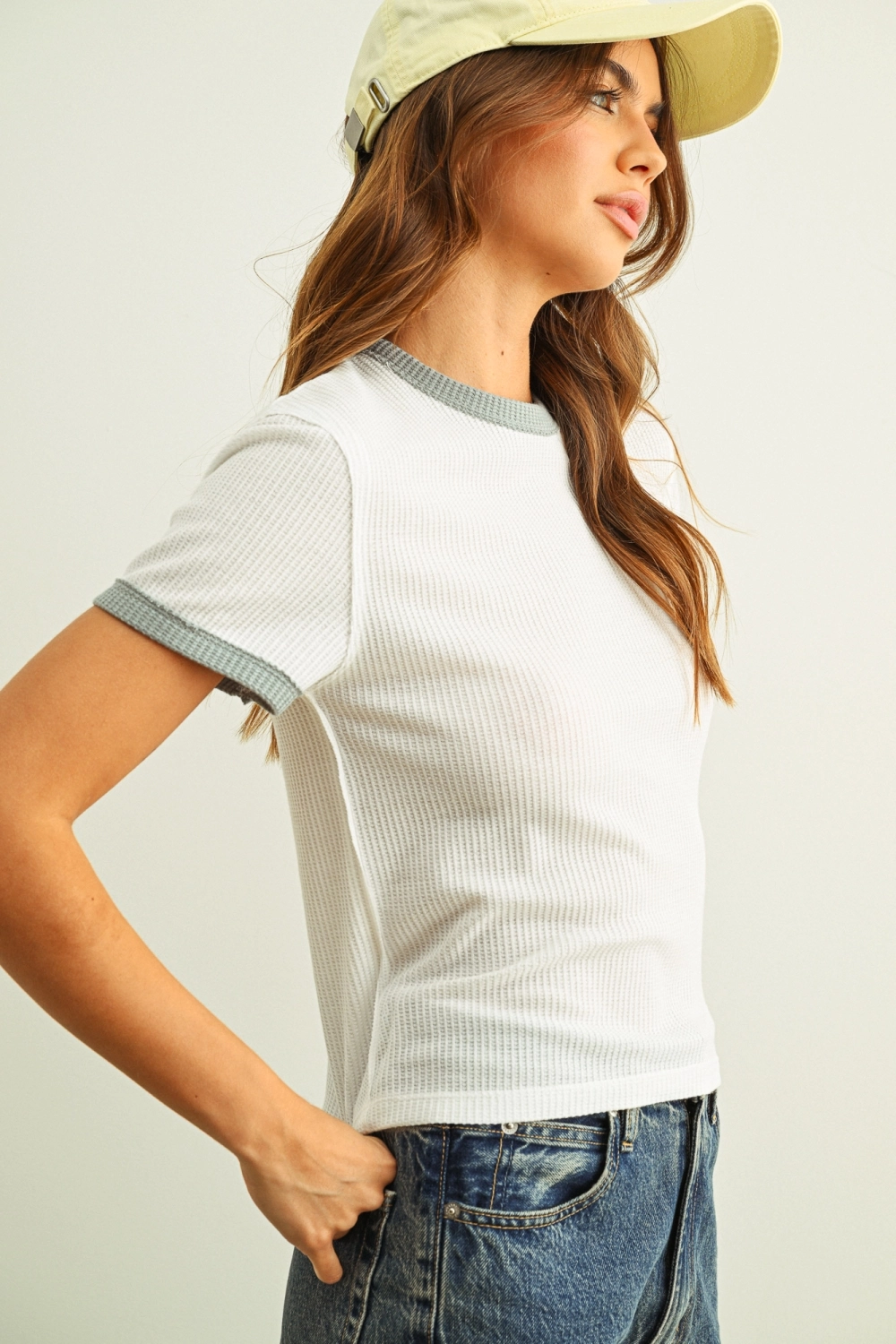 Color Combo Waffle Fabric Top - Light Blue