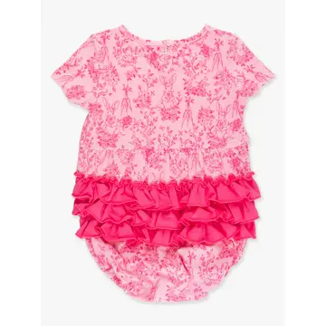 Baby Girls Pink Cottontail Toile Knit Short Sleeve Bow Bubble Romper