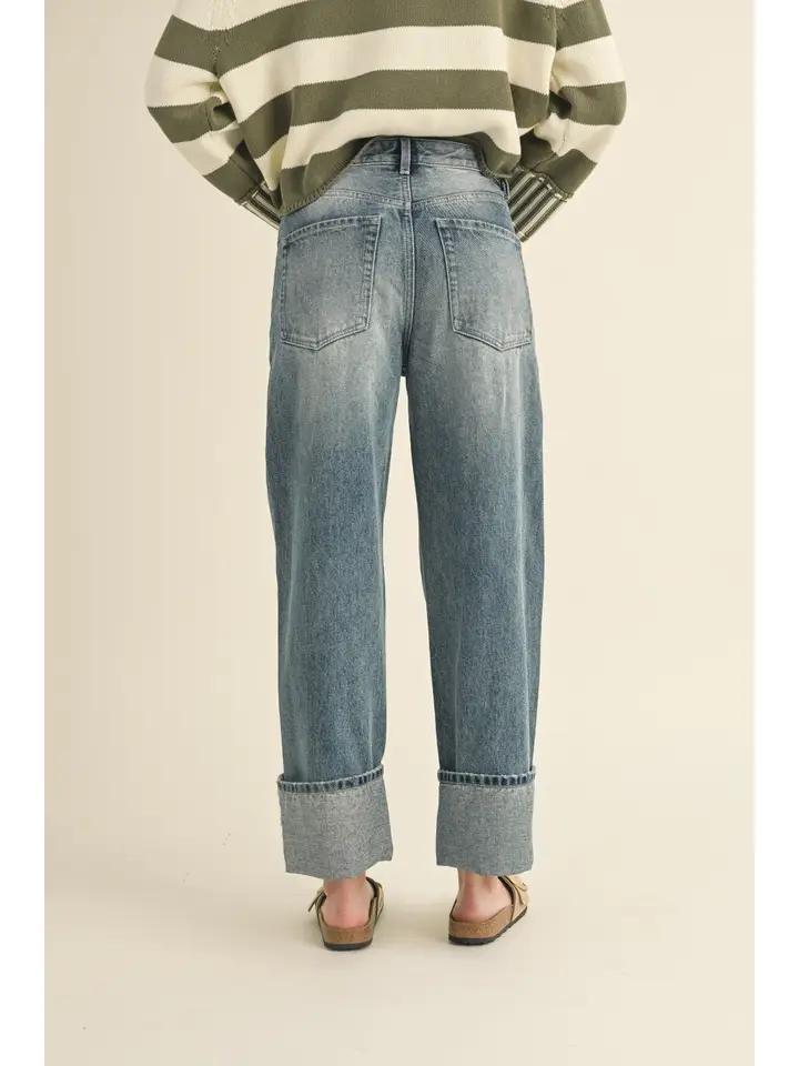 Straight Leg Cuffed Hem Denim Pants