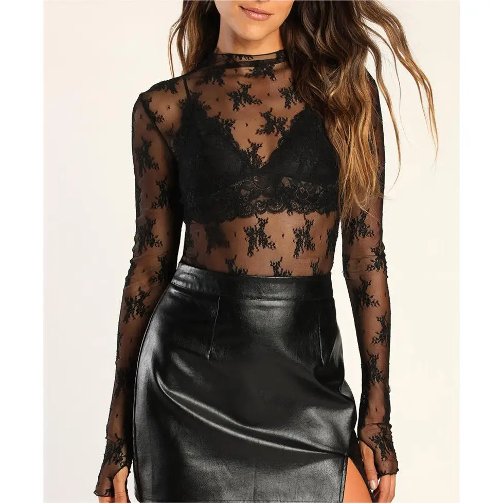 Sheer Shirt Lace Top Mesh Basic Shirt - Black