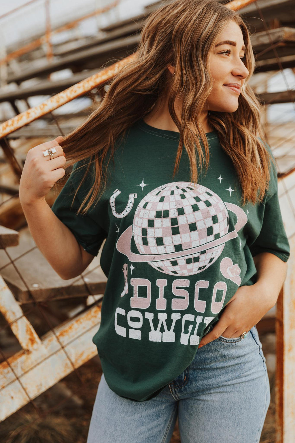 DISCO COWGIRL WASHED GRAPHIC T-SHIRT - FOREST (OVERSIZED)