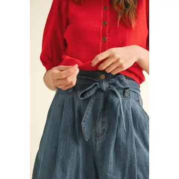Puff Short Sleeve Button Down Knit Cardigan - Red