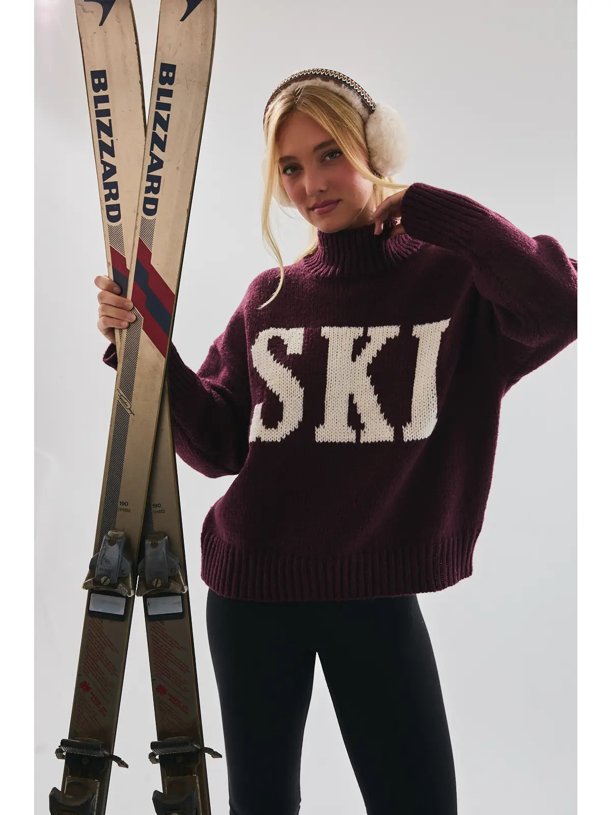 High Neck Oversized Sweater Top - WINE-IVORY