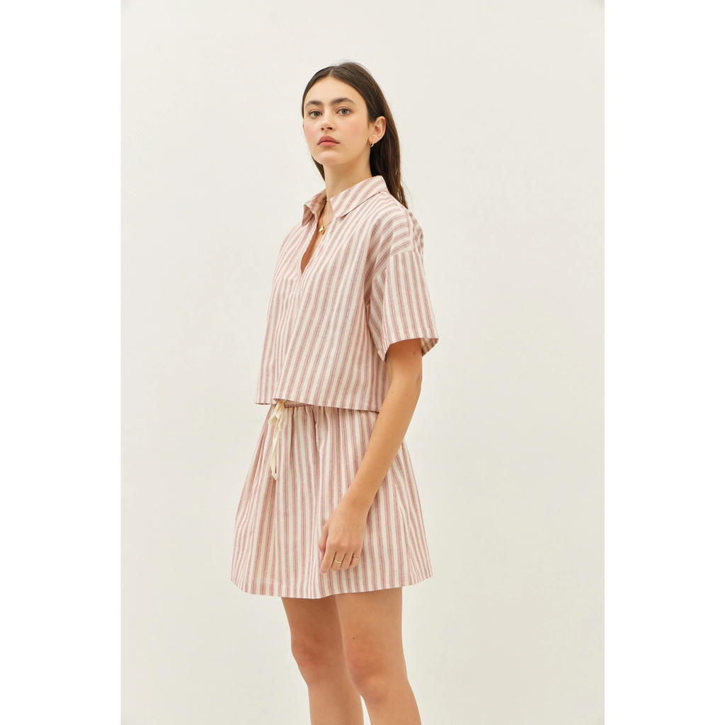 Loose Fit Stripe Polo Neck Crop Top with Drop Shoulders - Red