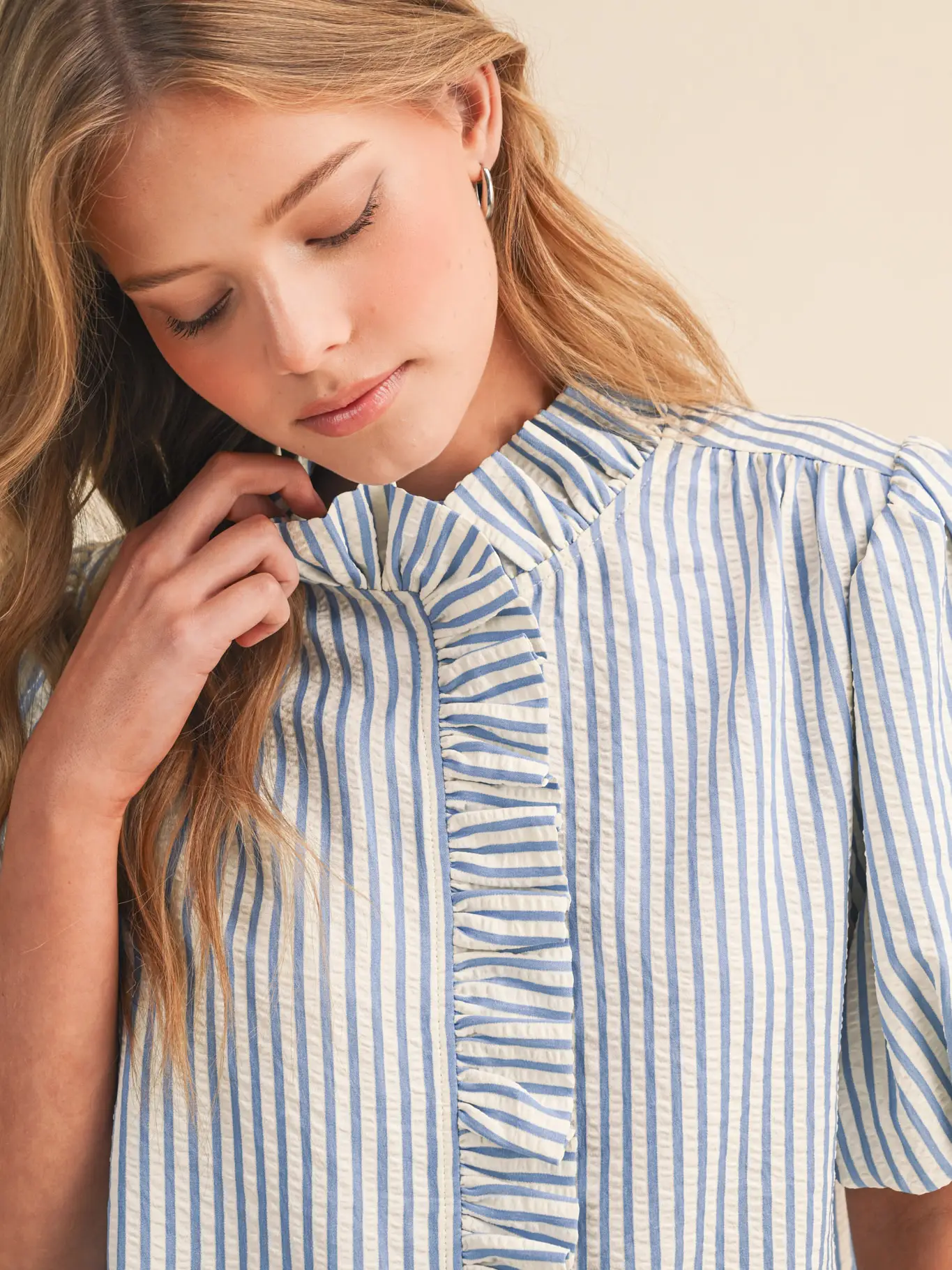 Striped Ruffled Button Down Top - AZULE BLUE