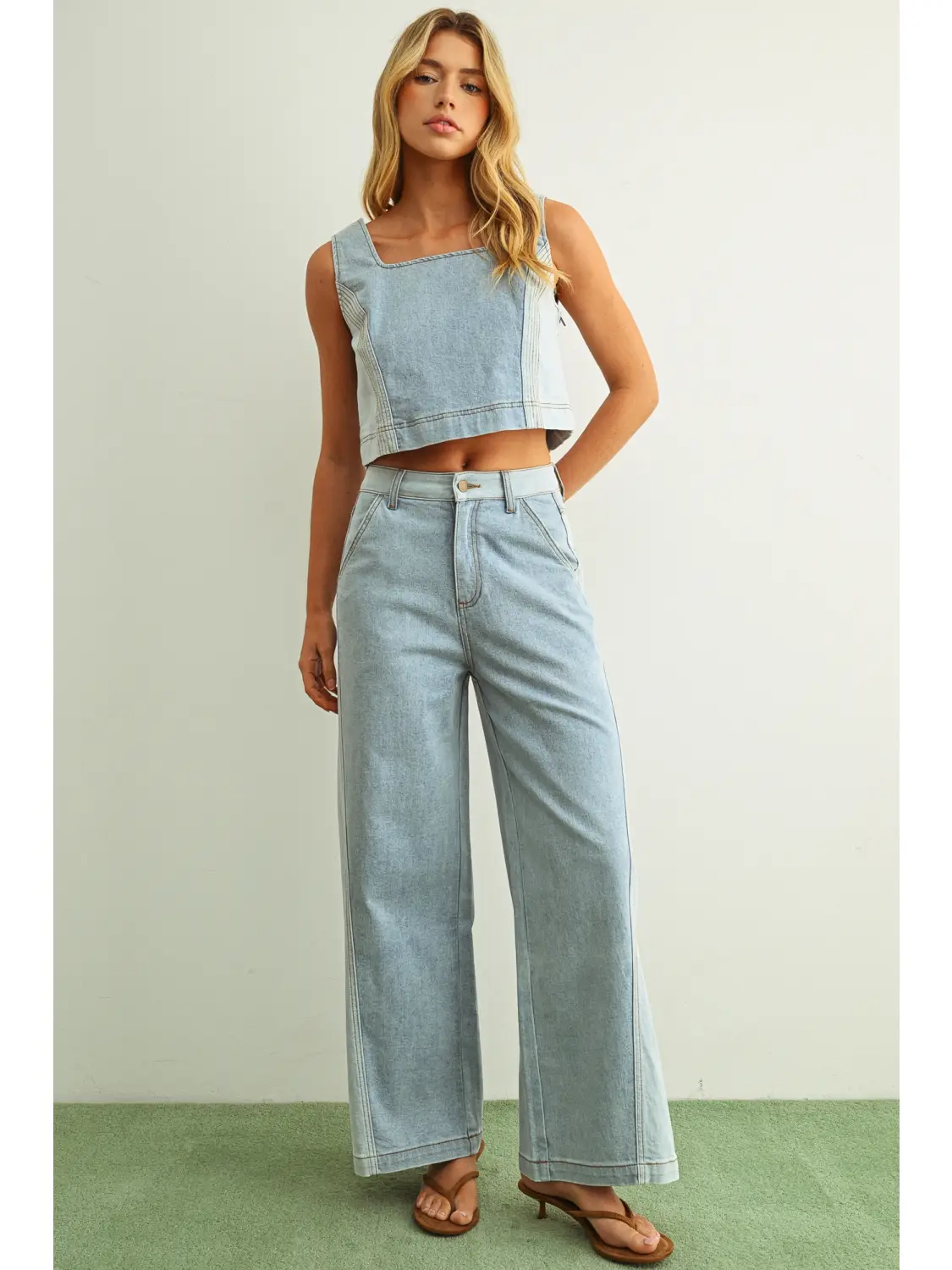 Denim Color Blocked Wide Straight Leg Pants