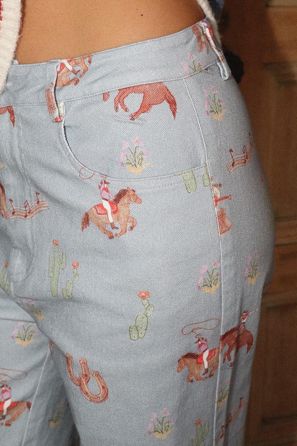 COWGIRL PRINT STRAIGHT-LEG PANTS - BLUE