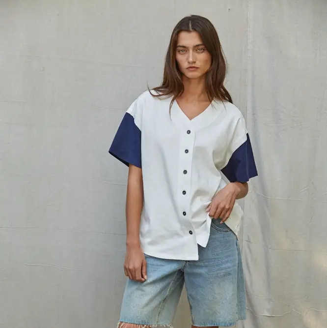Knit Cotton Short Sleeve Button Down Baseball Shirt - NAVY