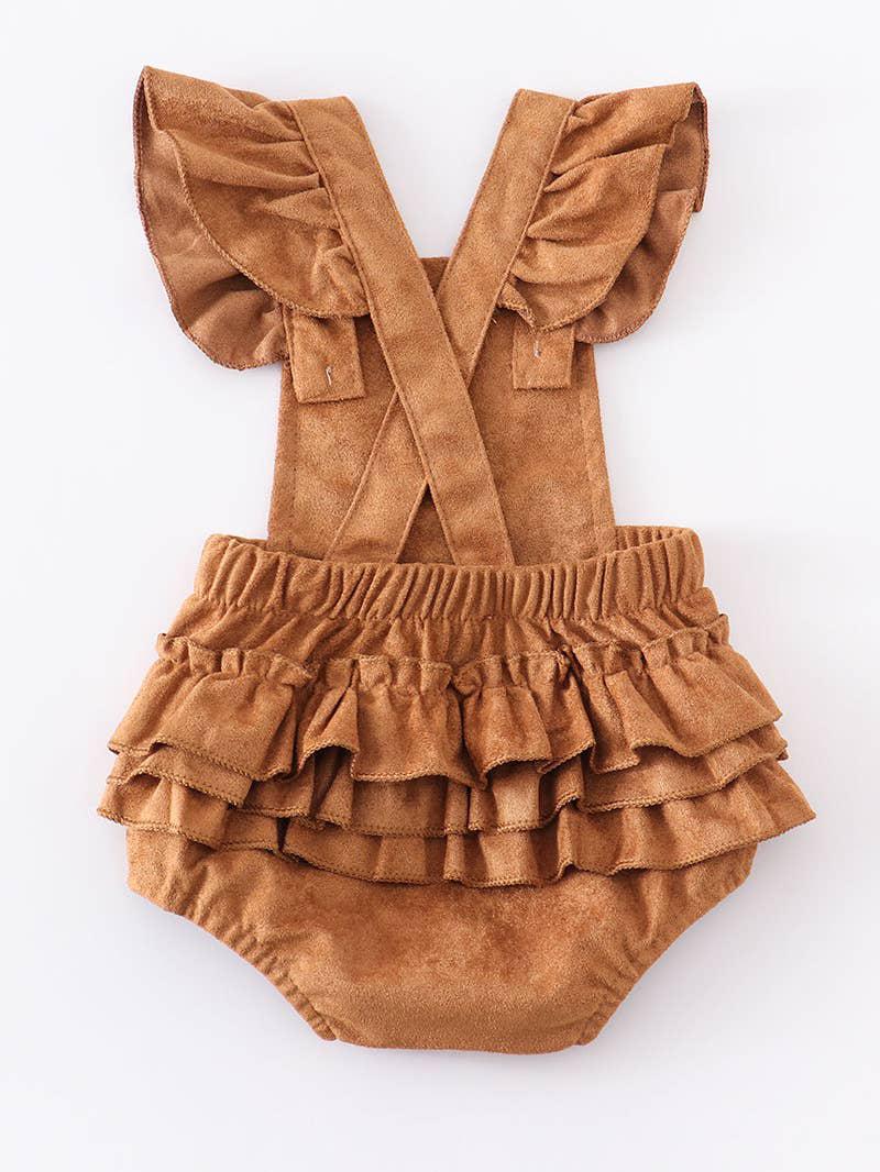 BABY GIRL BROWN SUEDE RUFFLE ROMPER