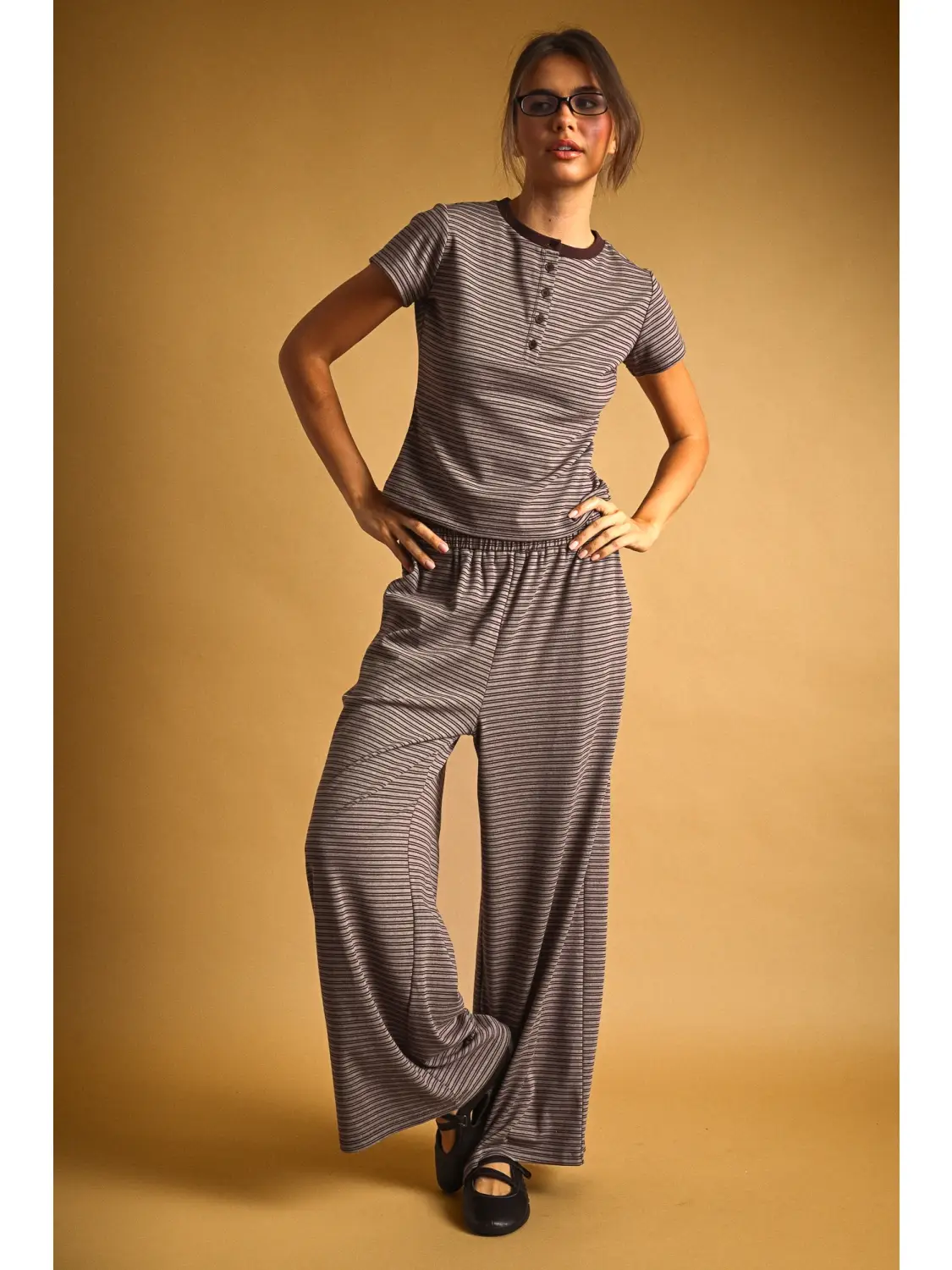 Double Striped Pattern Half Snap Button Top - Brown